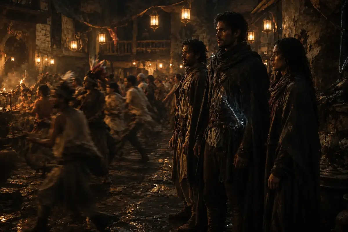 A crowd gathered close in low light, listening.