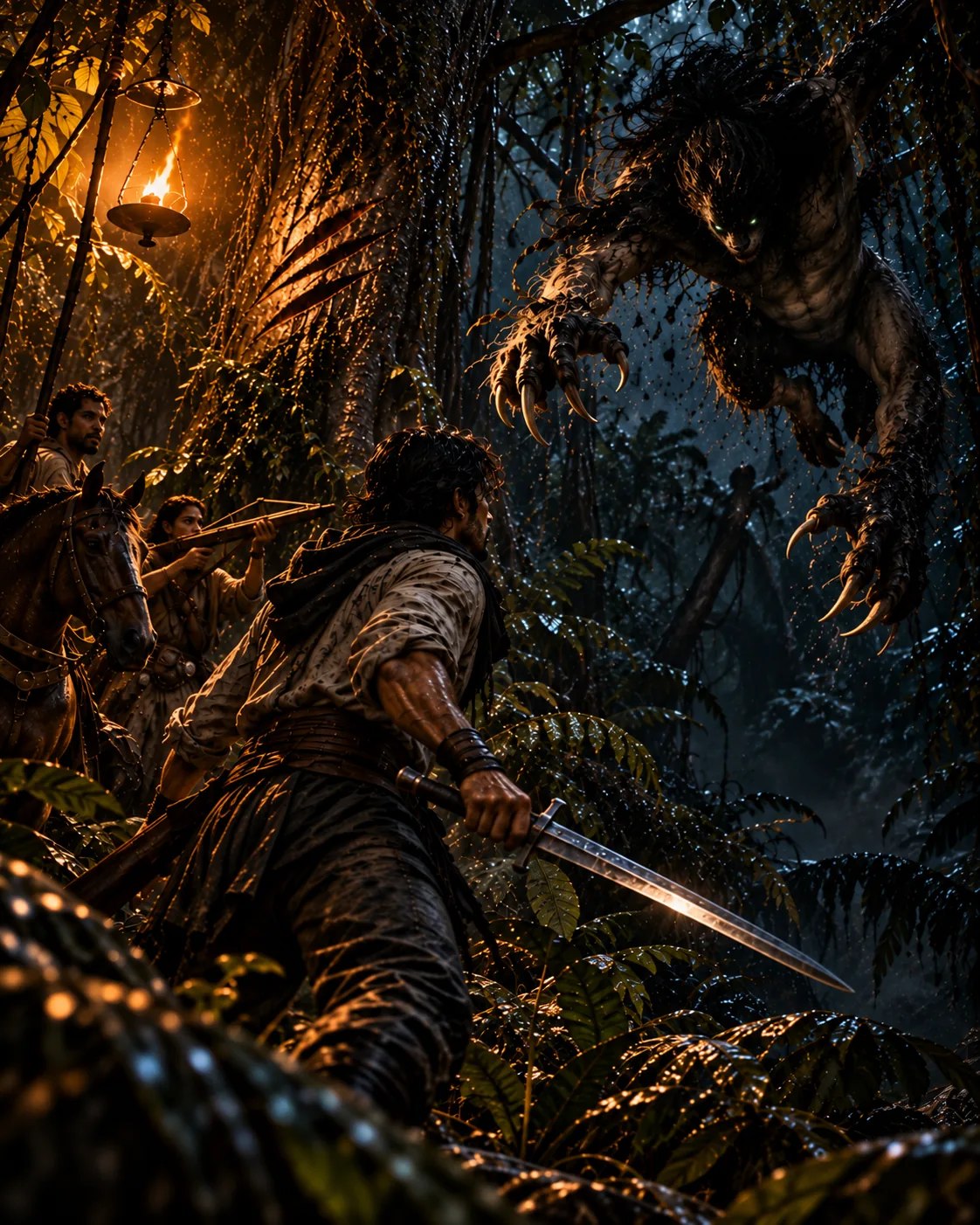 Night in the jungle beyond San Juan. One lamp burns behind him as Sals steps forward, sword low, while something drops from the canopy.