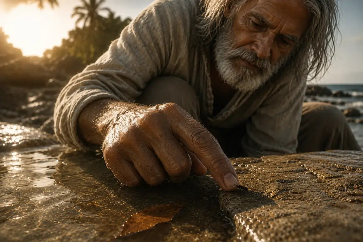 An old man's fingertip lifting a single ant out of a shallow tide pool onto dry stone.