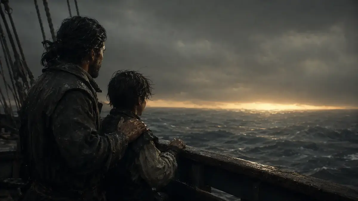 A man and a small child at a ship's rail, watching a heavy sea with sun breaking on the horizon.