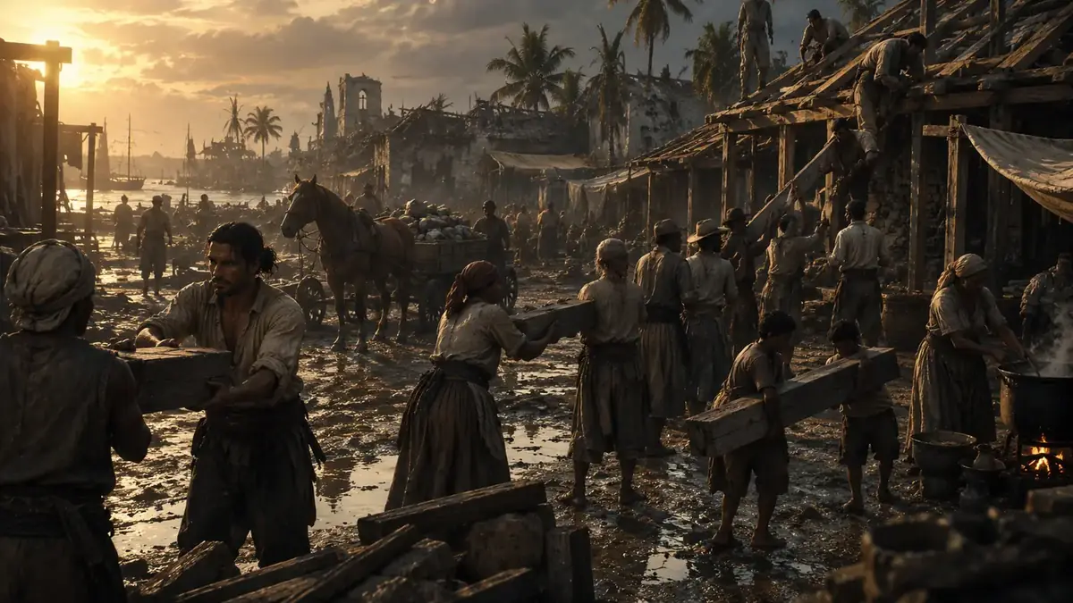 Townspeople rebuilding a flood-wrecked market.