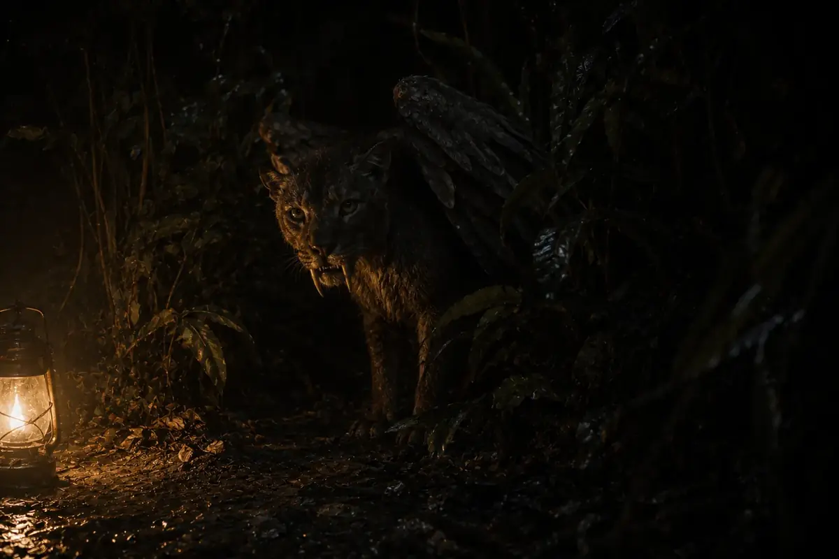 A winged creature half-lit in a dark jungle, one lantern burning low.