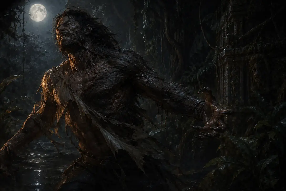 A man caught mid-change under a full moon, claws forming, half torn out of his own shirt.